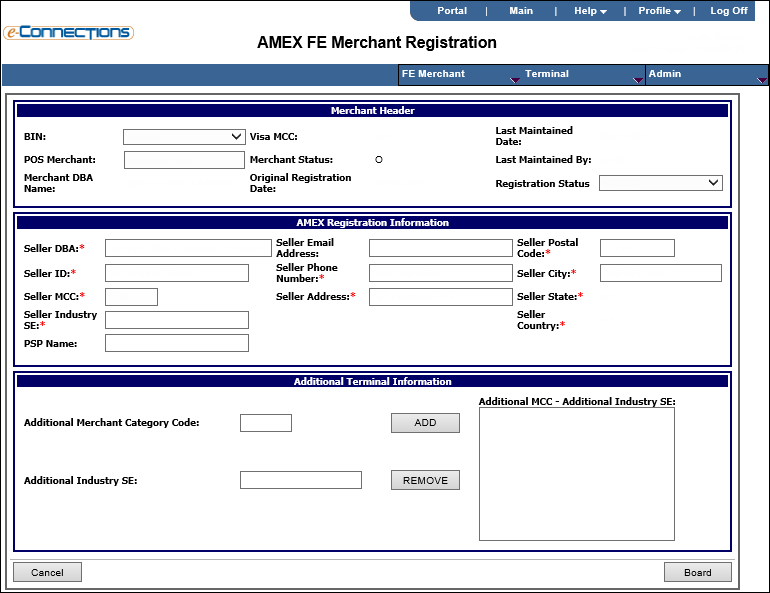 AMEX FE Merchant Registration page