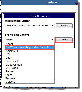 advanced search AMEX FE merchant registration